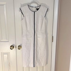 White linen dress with navy piping from J. Crew